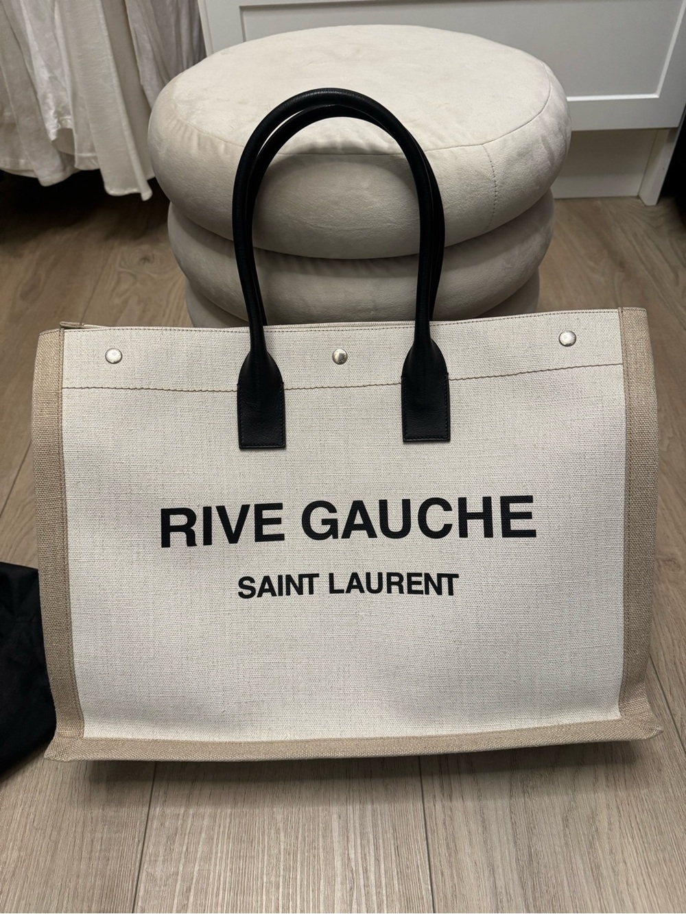 Saint Laurent Rive Gauche Canvas Tote in Beige and Black